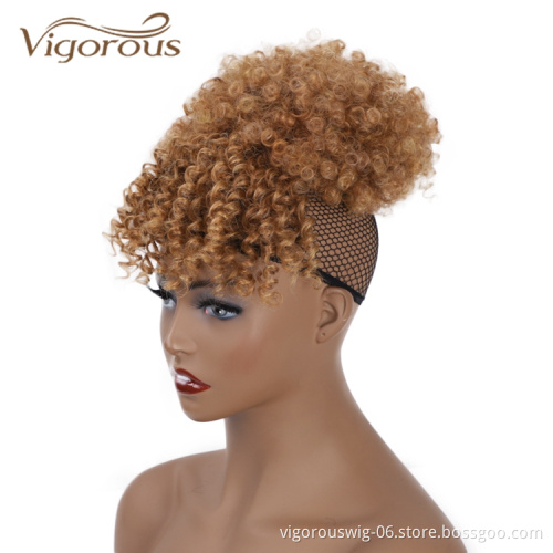 Vigorous High Quality Cheap Price Kinky Curly Updo Hairpieces Fluffy Chignon With Bang For Black Women Synthetic Afro Hair Bun